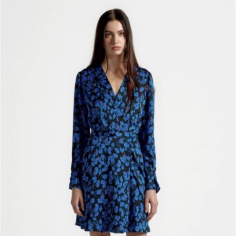Equipment Blue and Black Floral Long Sleeve Dress